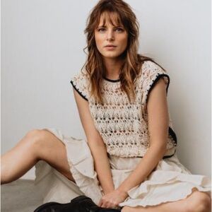 NWT Zara | POINTELLE KNIT VEST Cream Crochet Knit Top with Black Trim